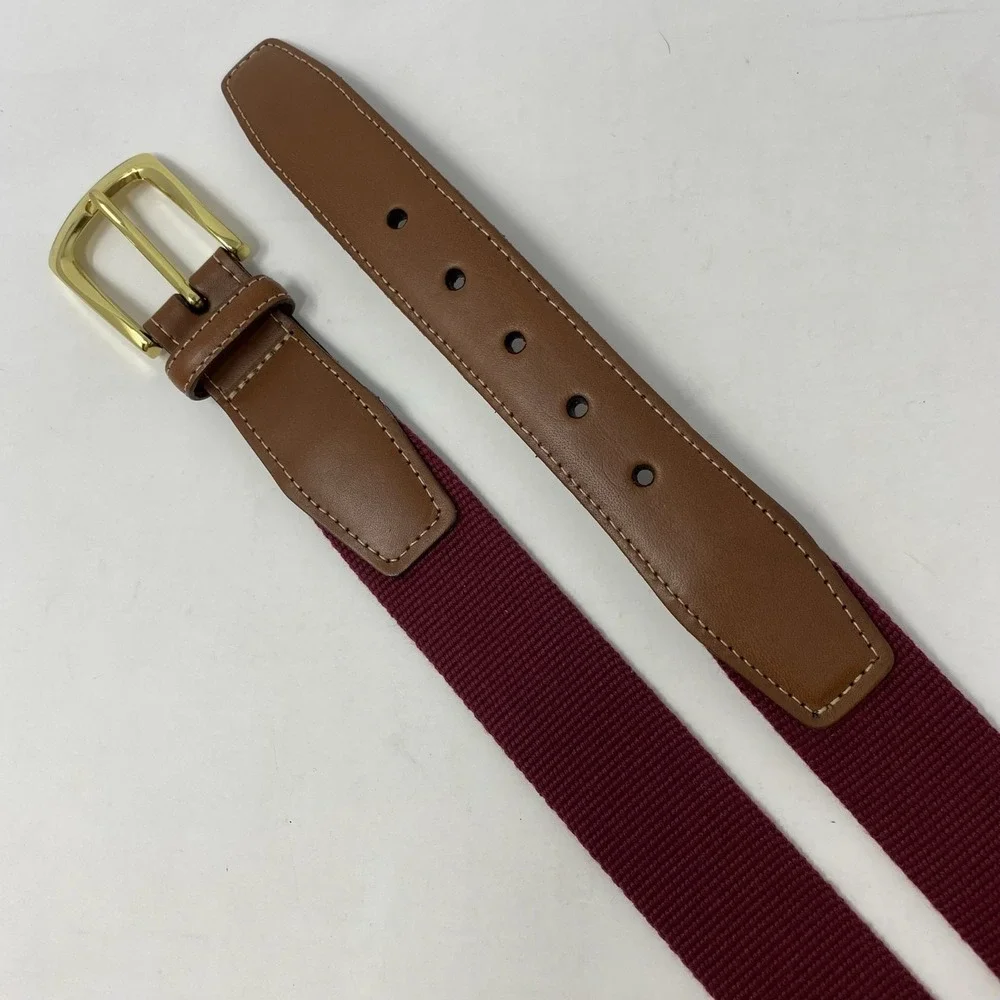 Vtg Torino Belt Mens 44 Maroon Canvas Web Brown Leather Accents‎ Preppy Golf